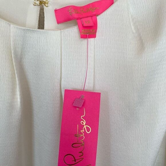 Lilly Pulitzer Blakelynn Cream Satin Peplum Puff Sleeve Top NWT Size 12/Large - Picture 5 of 8